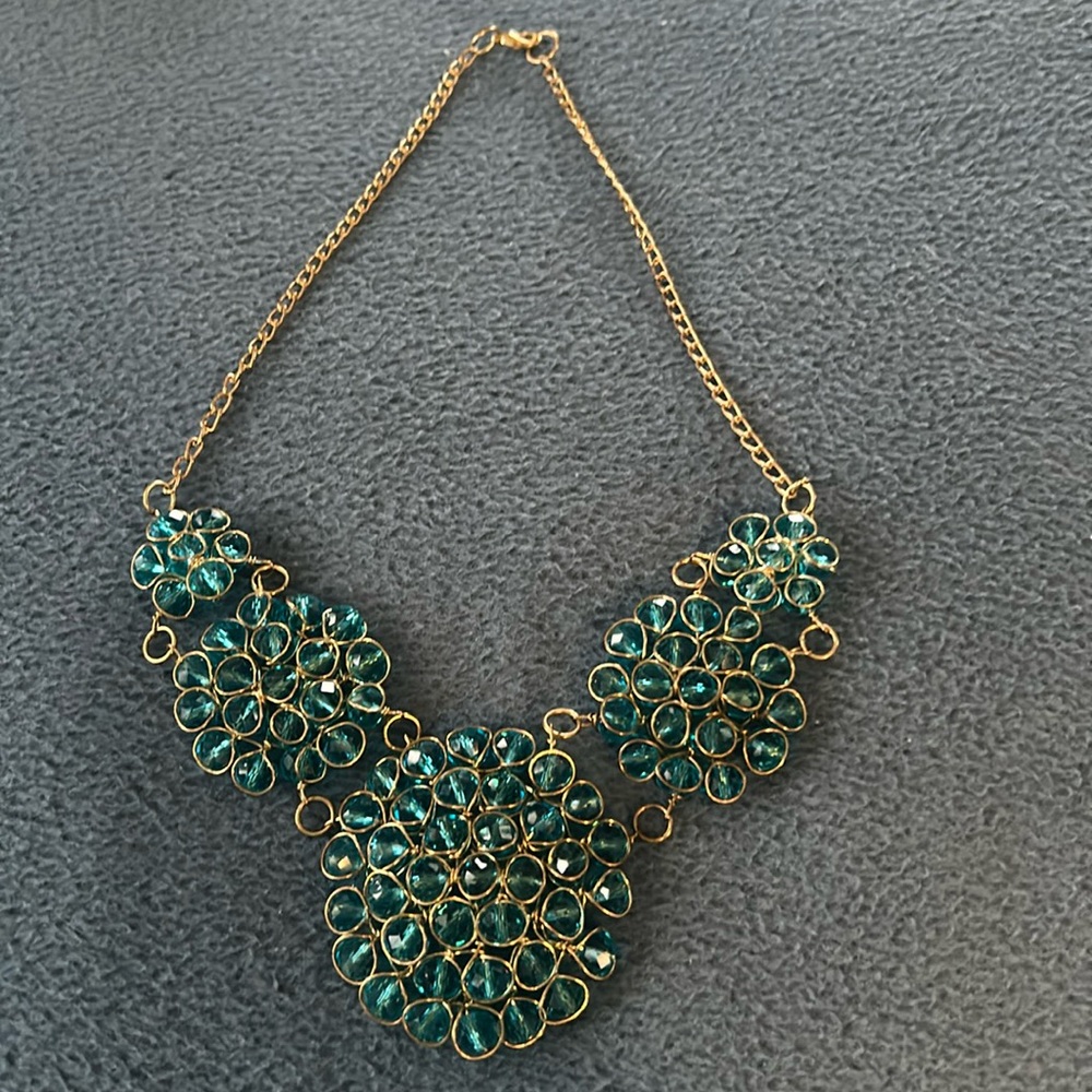 Gold-Tone Teal Cluster Statement Necklace